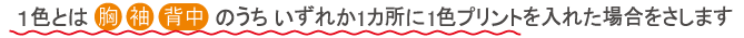 １色とは「背中」「袖」「背中」のうち、いずれか１カ所に１色プリントを入れた場合をさします